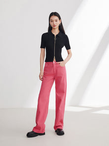 Cotton Linen Straight Jeans | Rose Red