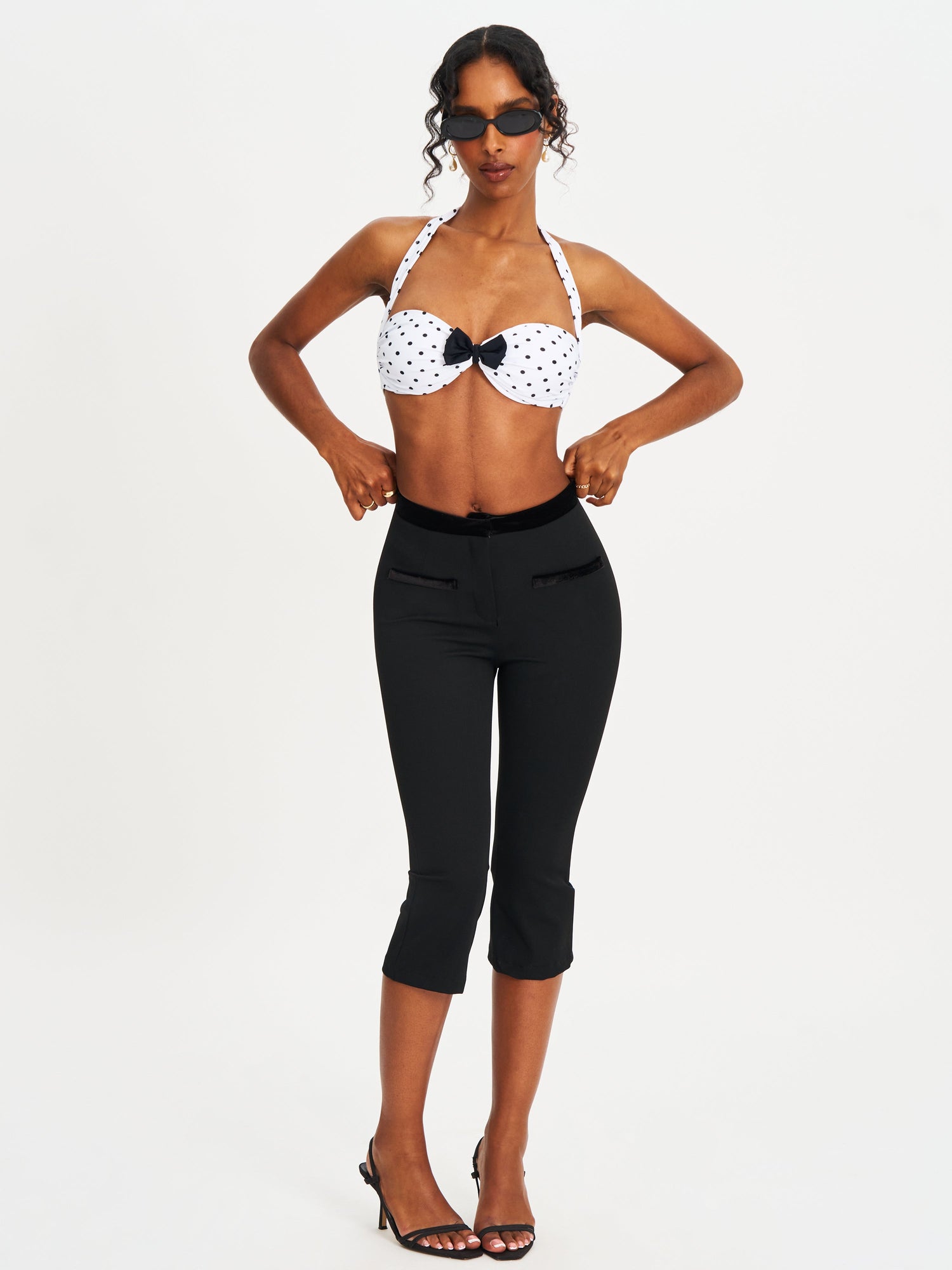 Olivea Polka Dot Bowtie Halter Bikini Top | Black