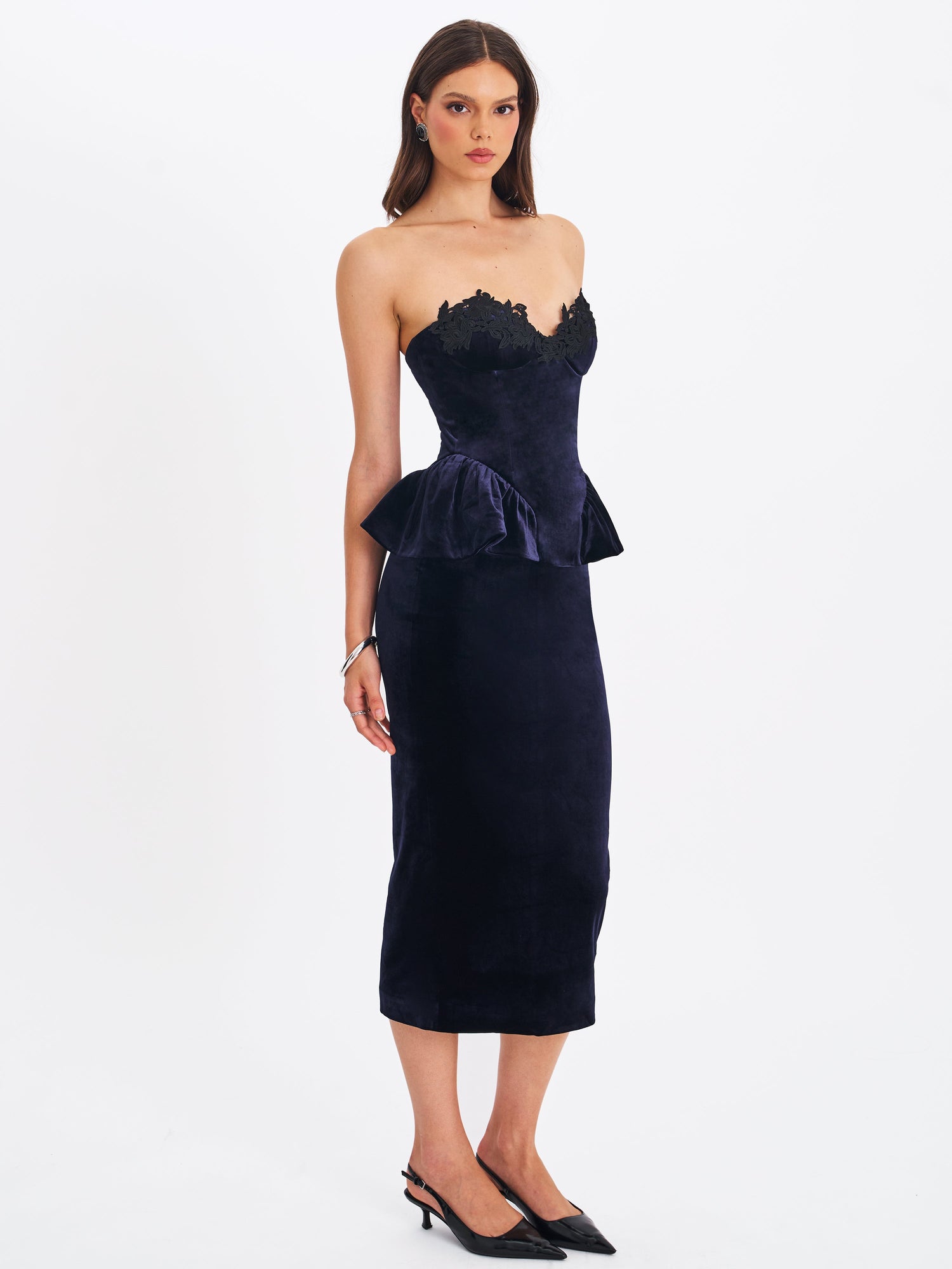 Pascha Lace Applique Strapless Peplum Midi Dress | Black