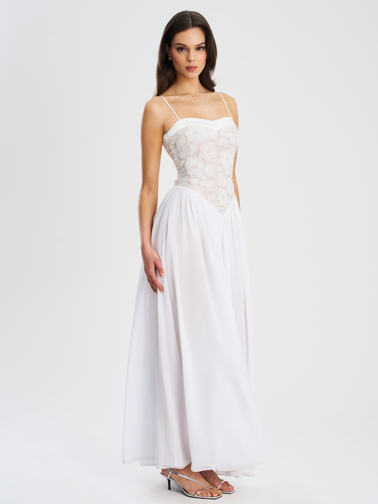Ucille Embroidered Chiffon Maxi Dress | White