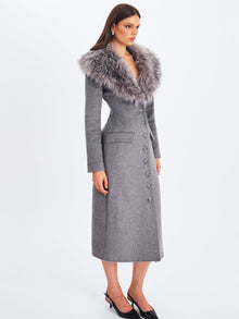 Faye Wool Blend Single-Breasted Coat with Removable Faux Fur Collar | Grey