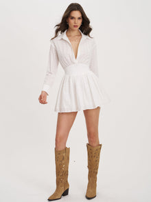 Gabriella Cotton Eyelet Button Up Long Sleeve Shirt Dress | White