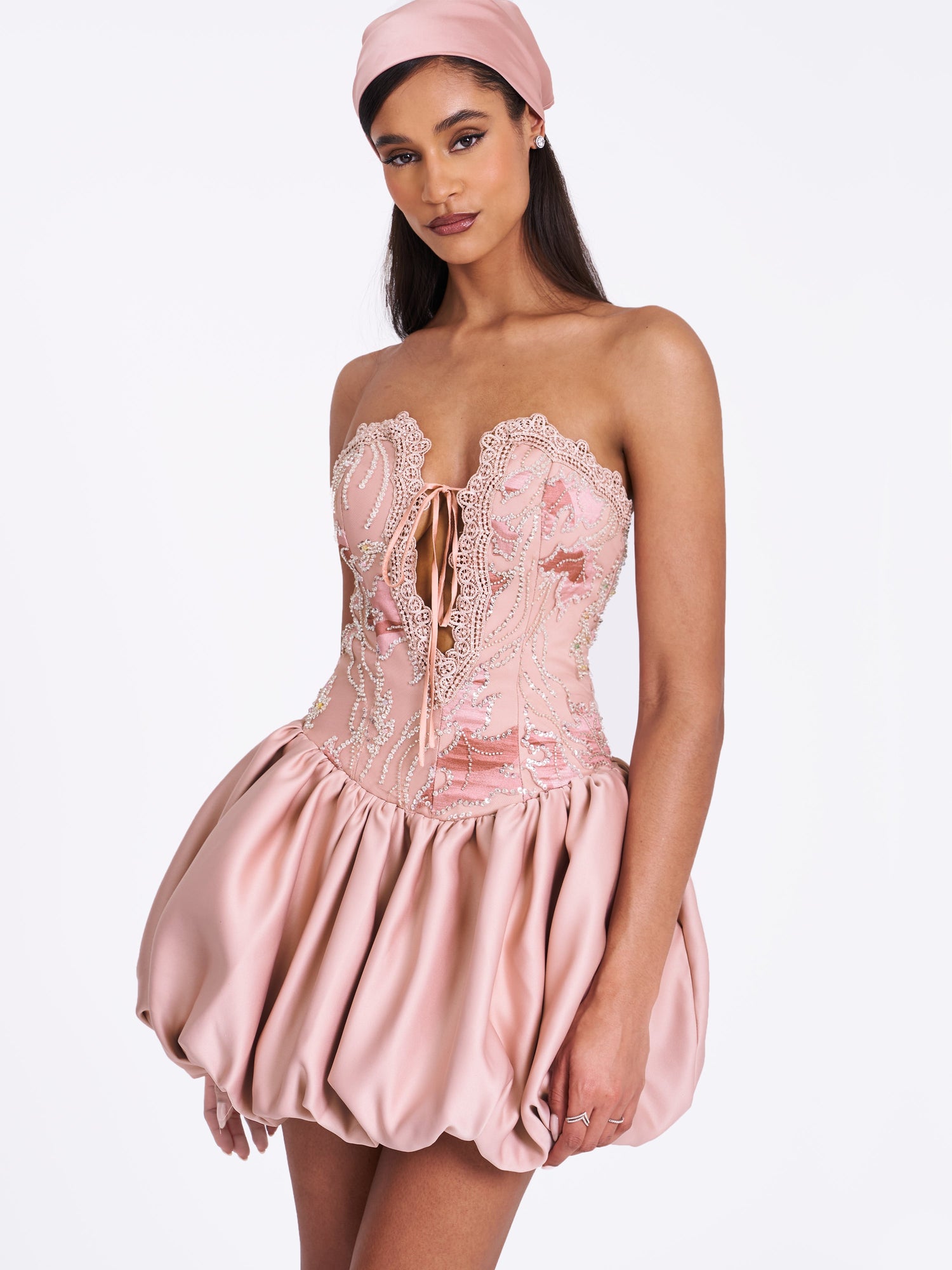 Palesa Ballet Style Embroidered Bubble Hem Mini Dress | Pink