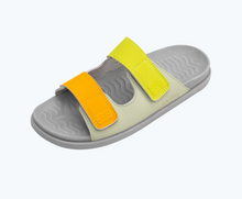 Angled view of a Native Shoes Frankie Sugarlite | Tea Green/ Pigeon Grey/ Chartreuse Trip Straps Footwear