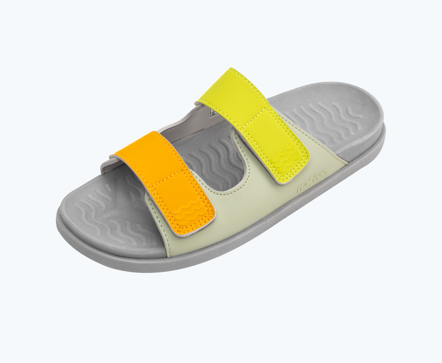 Angled view of a Native Shoes Frankie Sugarlite | Tea Green/ Pigeon Grey/ Chartreuse Trip Straps Footwear