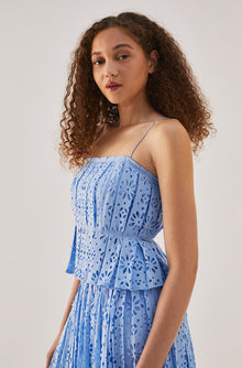 BLUE GEO EYELET PLEATED TANK