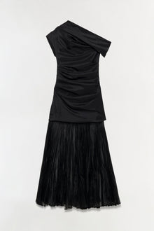 Black taffeta midi dress with asymmetrical off-shoulder neckline and pleated skirt.