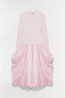 Light pink midi dress with ribbed knit top and pleated taffeta skirt with gathered sides.