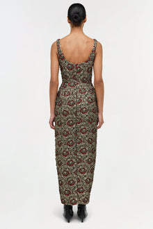 Sleeveless midi dress with gold and red floral jacquard pattern, scoop neckline, and fitted bodice, shown from back view.