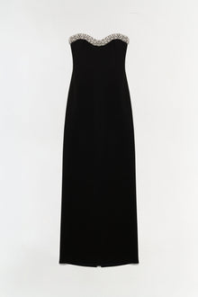 Black strapless gown with beaded crystal embellishments along the sweetheart neckline.