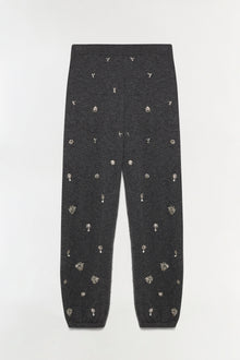 Charcoal gray cashmere jogger with scattered silver crystal embellishments throughout.