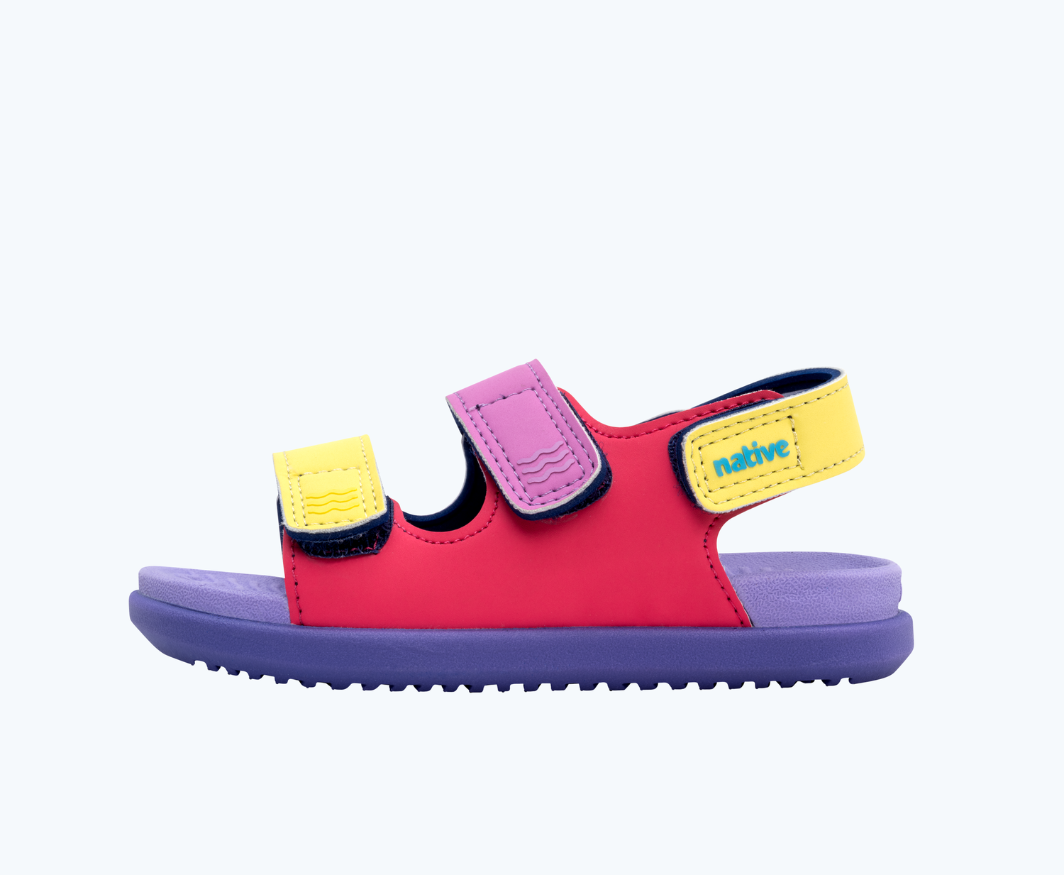 Side view of a Native Shoes Kids Frankie Sugarlite Kids | Dazzle Pink/ Healing Purple/ Haze Purple/ Morning Winterberry Strap Footwear