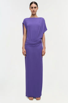 Purple drape gown with short draped sleeves and ruched waist detail at center, floor-length skirt.