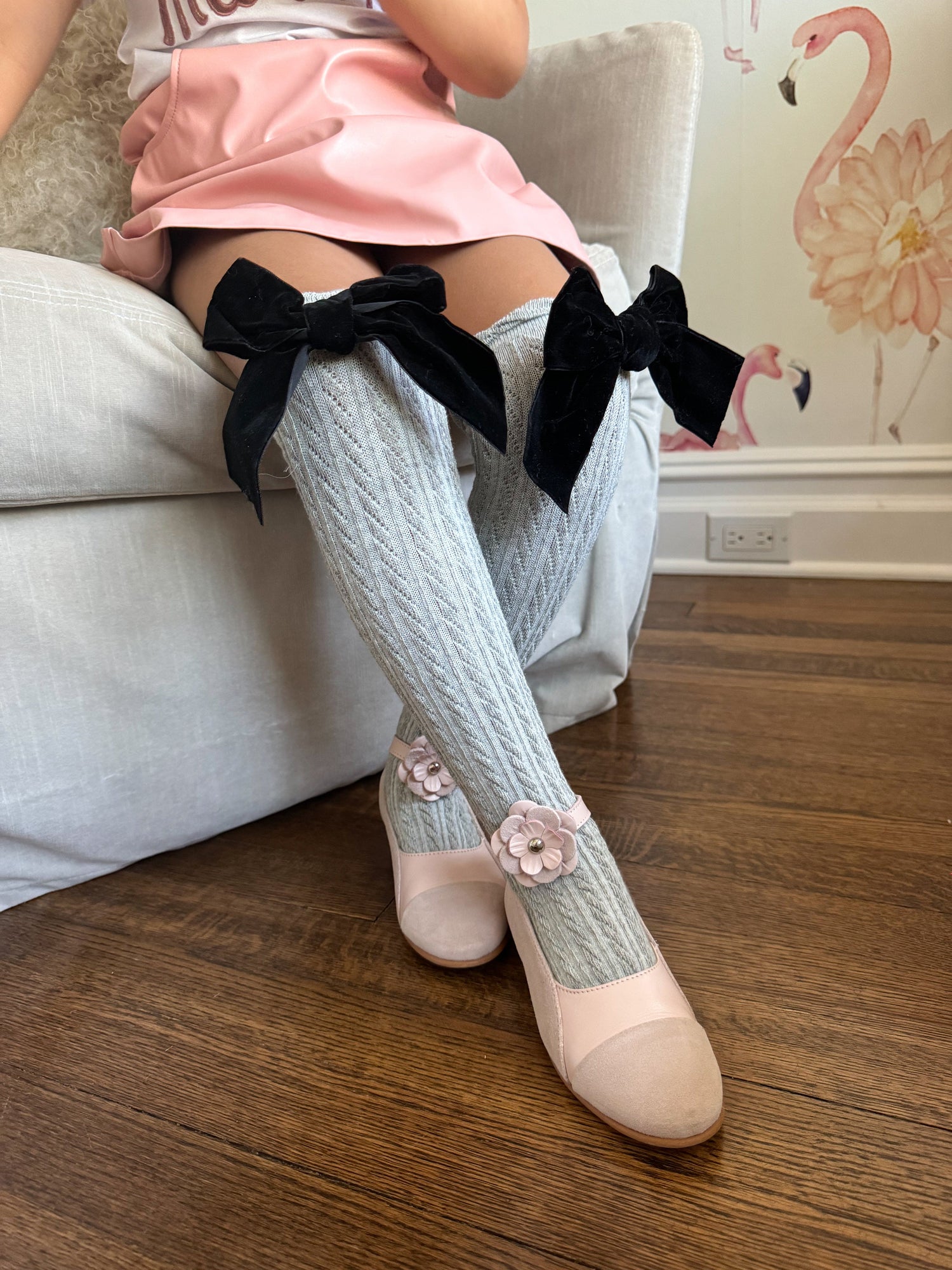 Grey Knee High Socks with Black Velvet Bow | Black