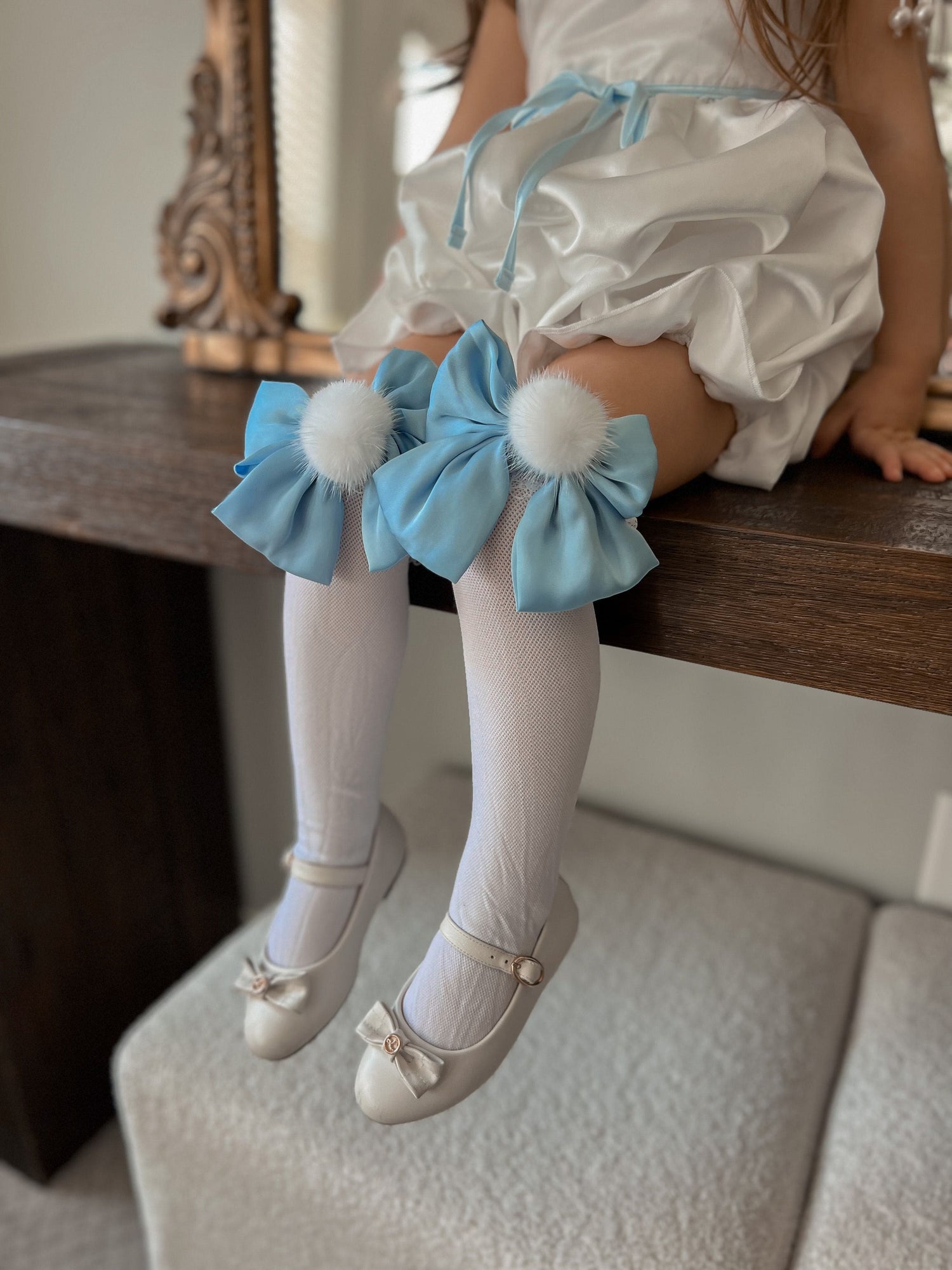 Girl | Lana Ruffle Socks with Poms and Bows Baby Bow | Blue x White