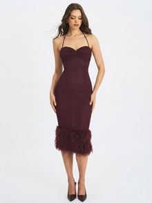 Pluma Halter Faux-Fur Trimmed Midi Dress | Maroon