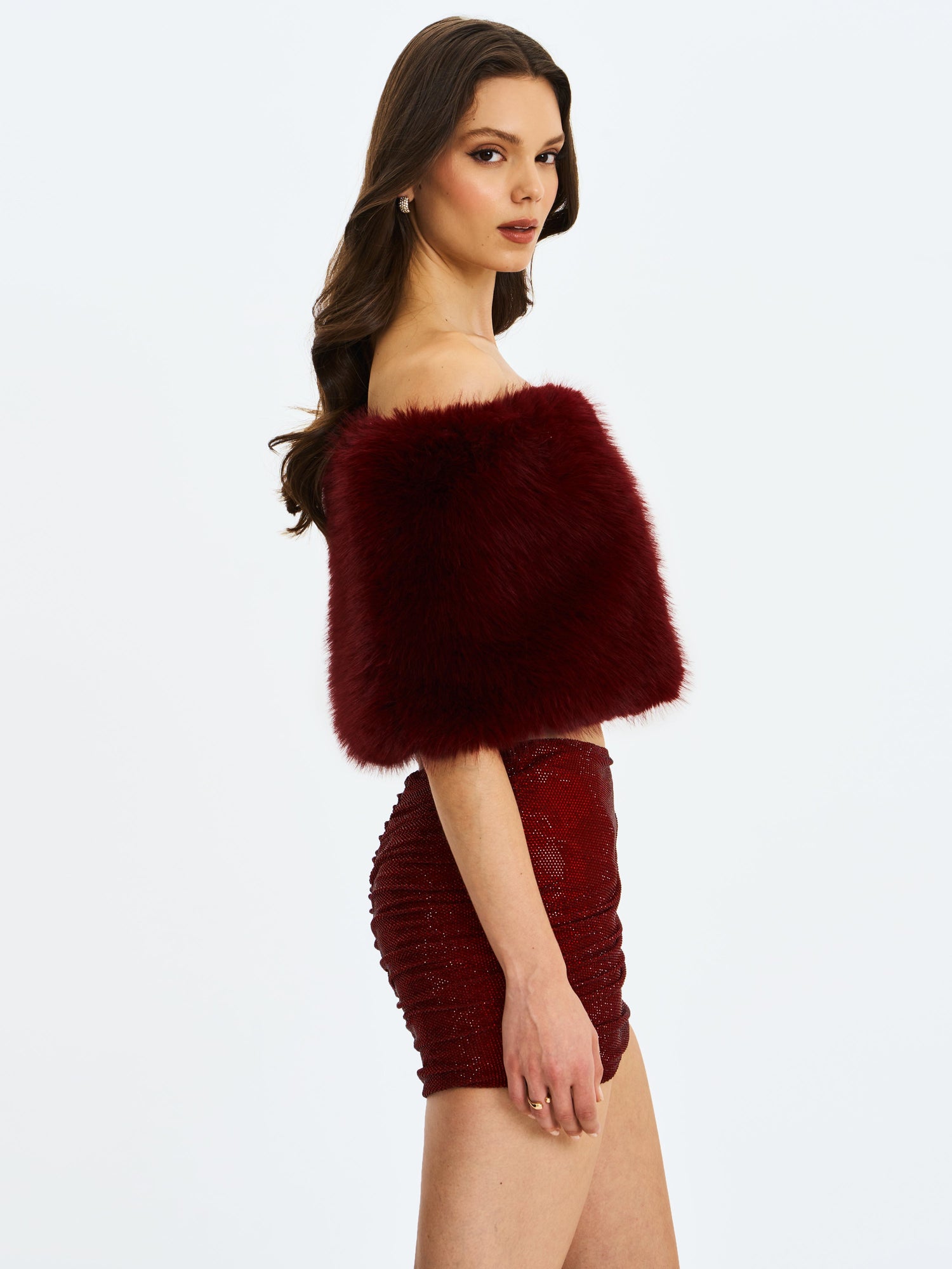Darla Faux Fur Off-Shoulder Cropped Top | Burgundy