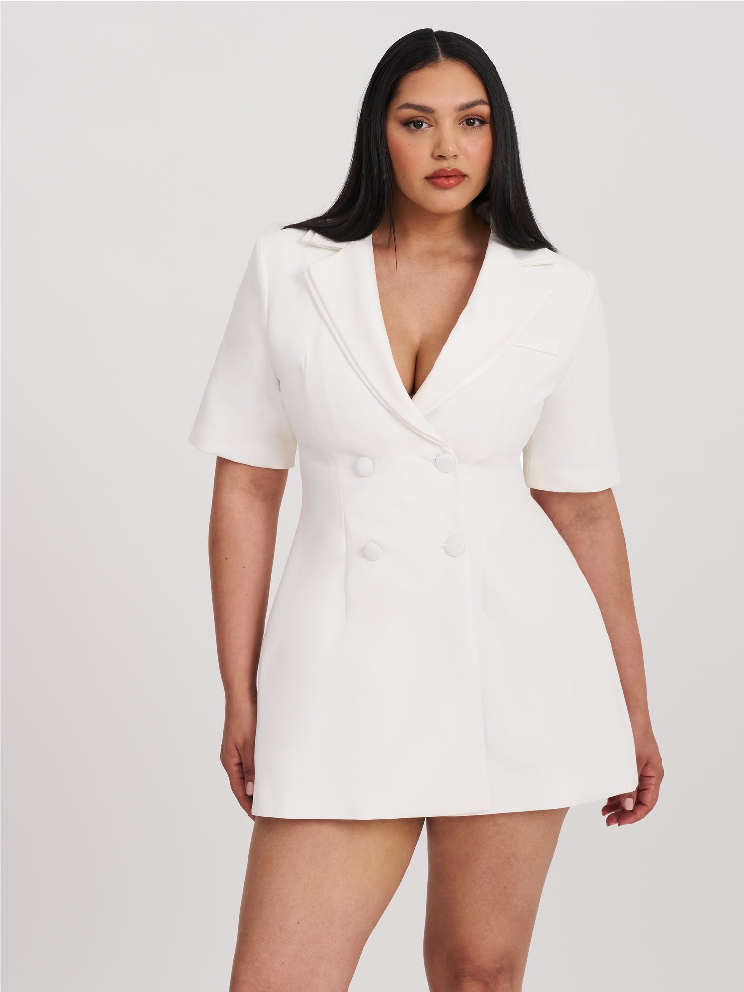 Madelina Double Breast Satin Trim Blazer Dress | White