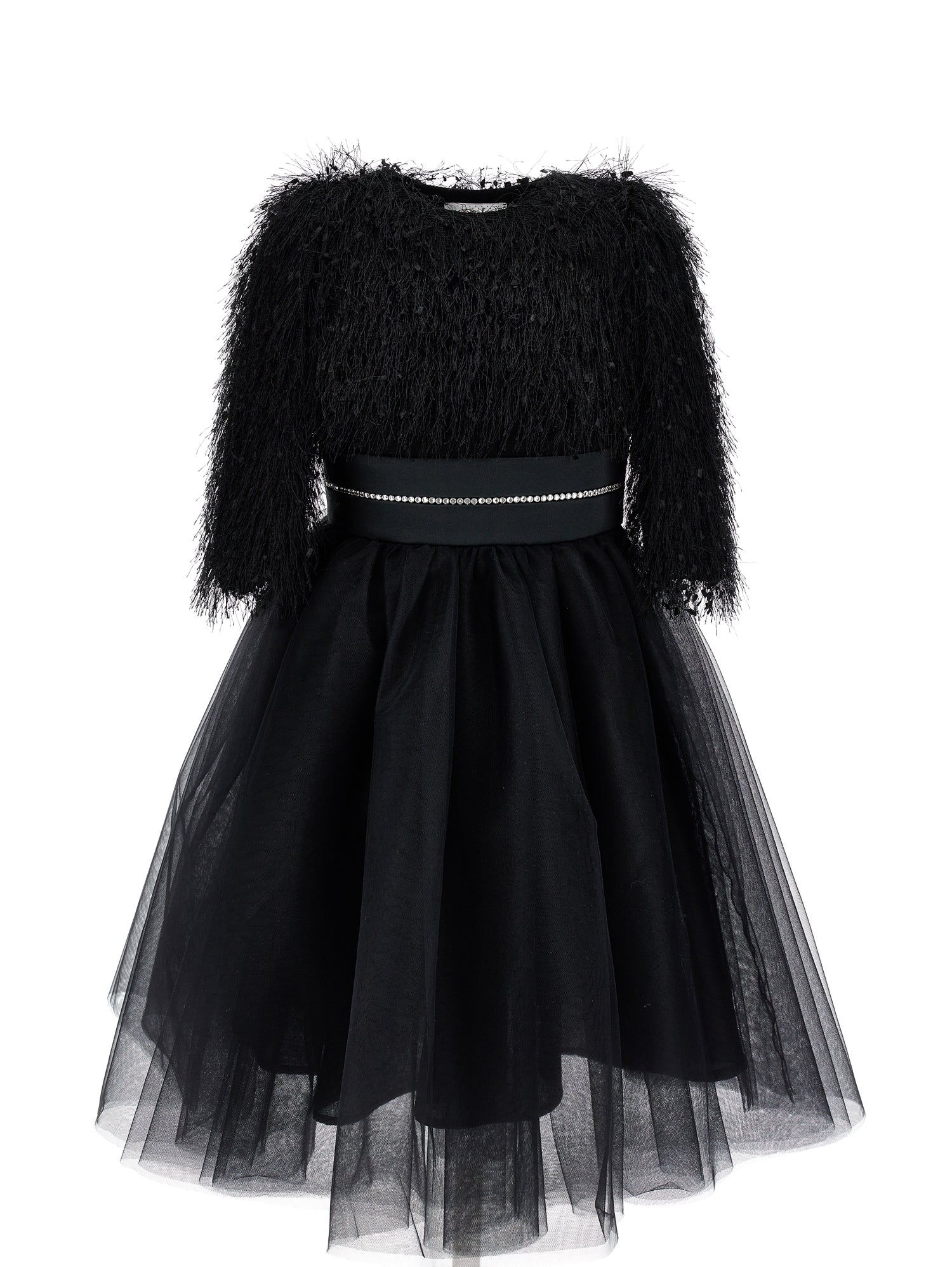 Girls | Silk-Touch Tulle Dress With Fringing | Black