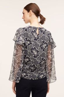 Rochelle Fleur Ruffle Silk Blouse | Rochelle Fleur Navy Combo