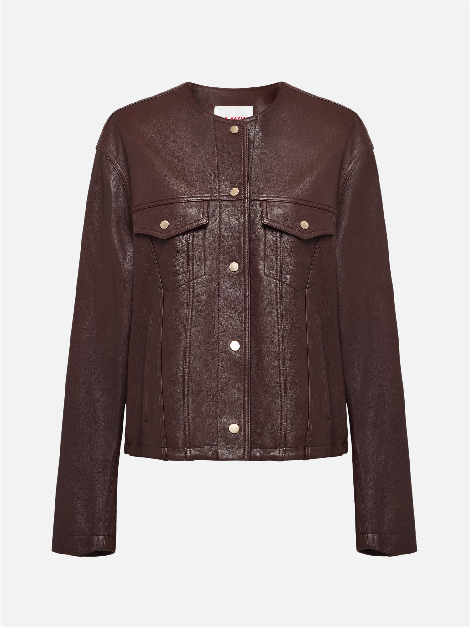 Leather Round Neck Leather Jacket | Brown
