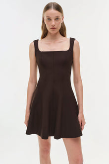 Black sleeveless mini dress with square neckline and fitted bodice flaring to an A-line skirt.