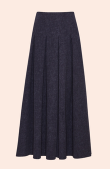 Stretch Denim Pleated Skirt | Midnight