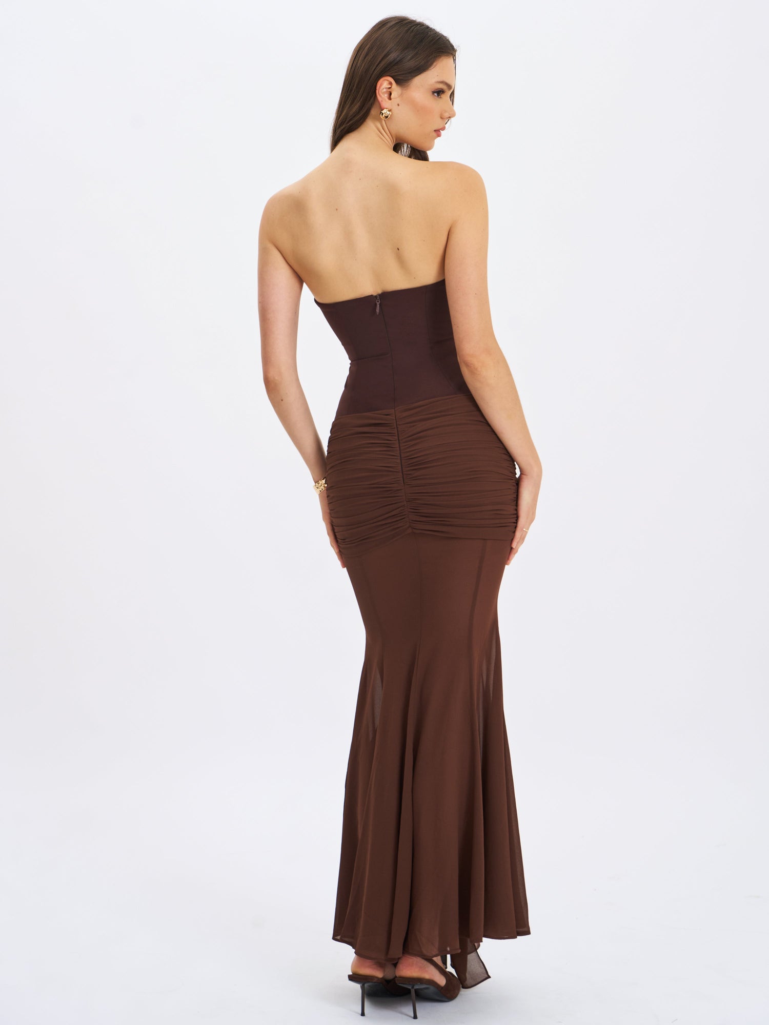 Giovana Sweetheart Draped Mesh Mermaid Maxi Dress | Espresso