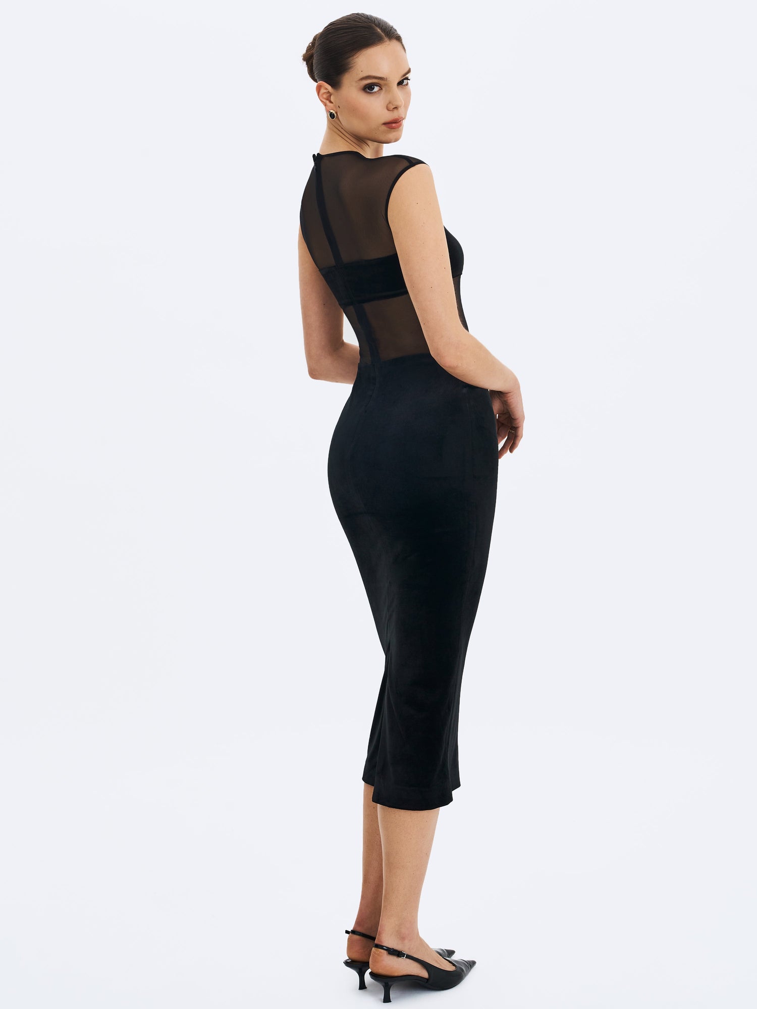 Quielle Mesh and Velvet Midi Bodycon Dress | Black