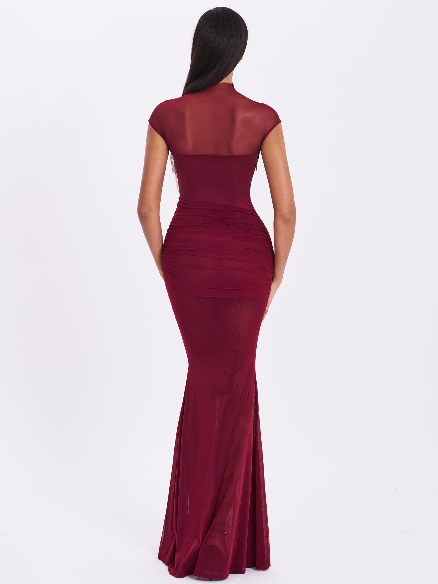 Fabienne Mesh Cap Sleeve Mermaid Gown | Burgundy