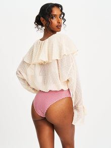 Magali Dotted Mesh Ruffle V Collar Top | Beige