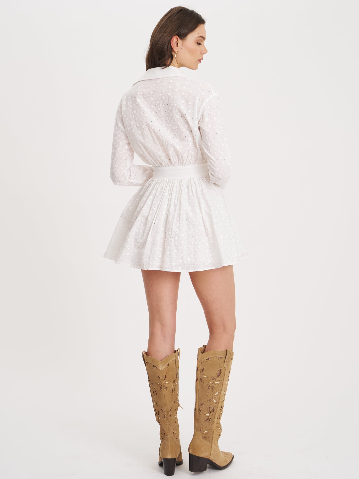 Gabriella Cotton Eyelet Button Up Long Sleeve Shirt Dress | White