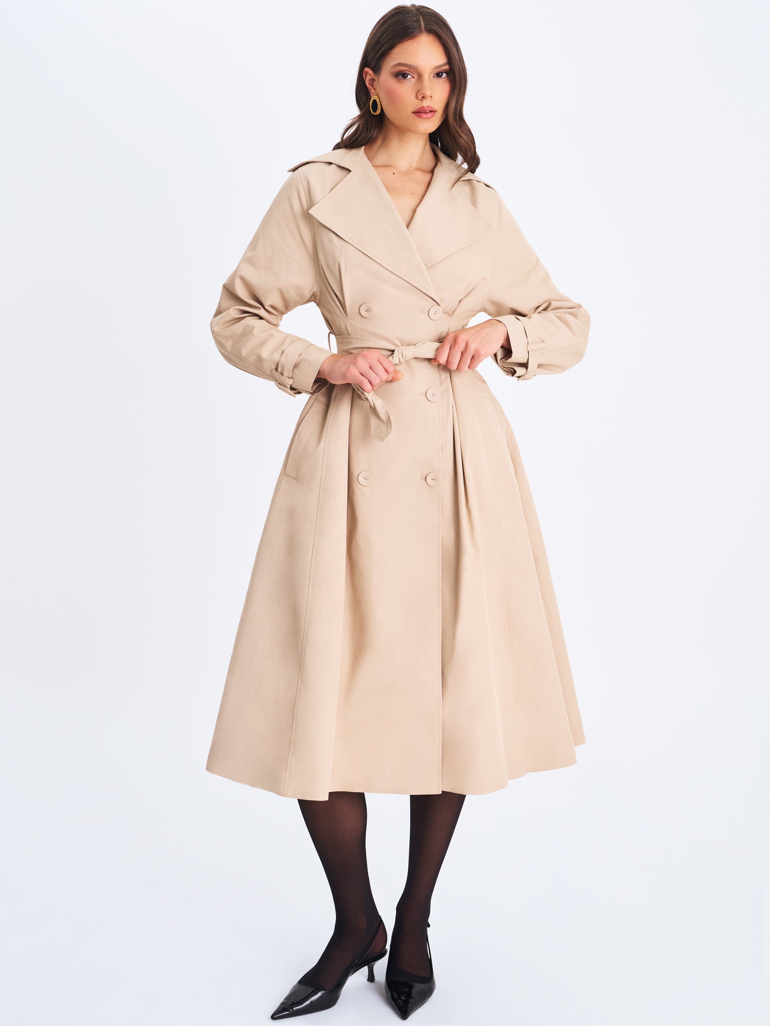 Ulila Double-Breasted Pleated Cotton-Blend Trench Coat | Beige