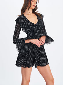 Omari Chiffon Polka Dot Ruffled Neckline Mini Dress | Black