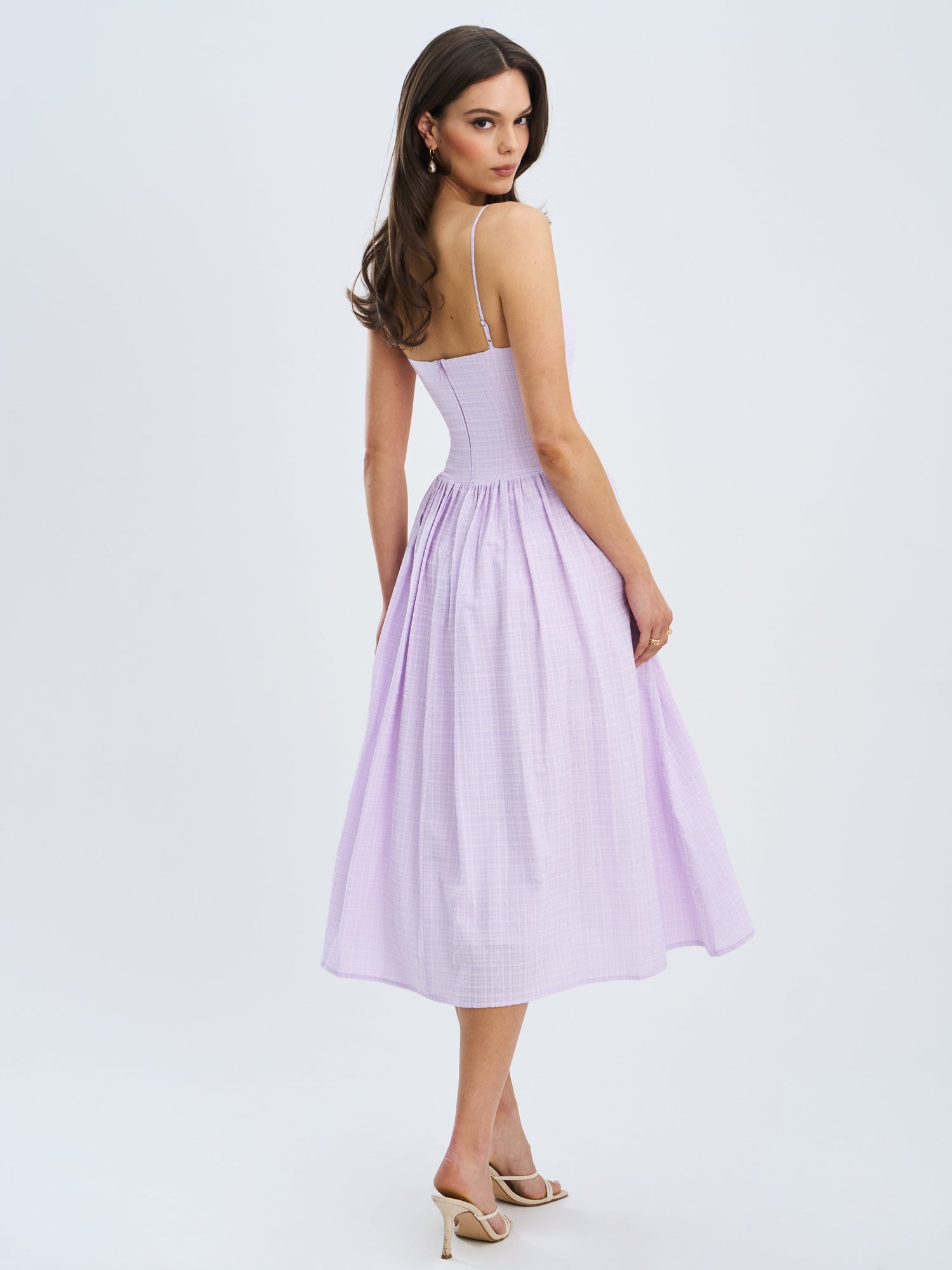 Jaclyn Lace Trim Cutout Seersucker Midi Dress | Lavender