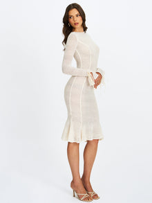 Pamina Crochet Long Sleeve Midi Flare Mermaid Dress | Beige