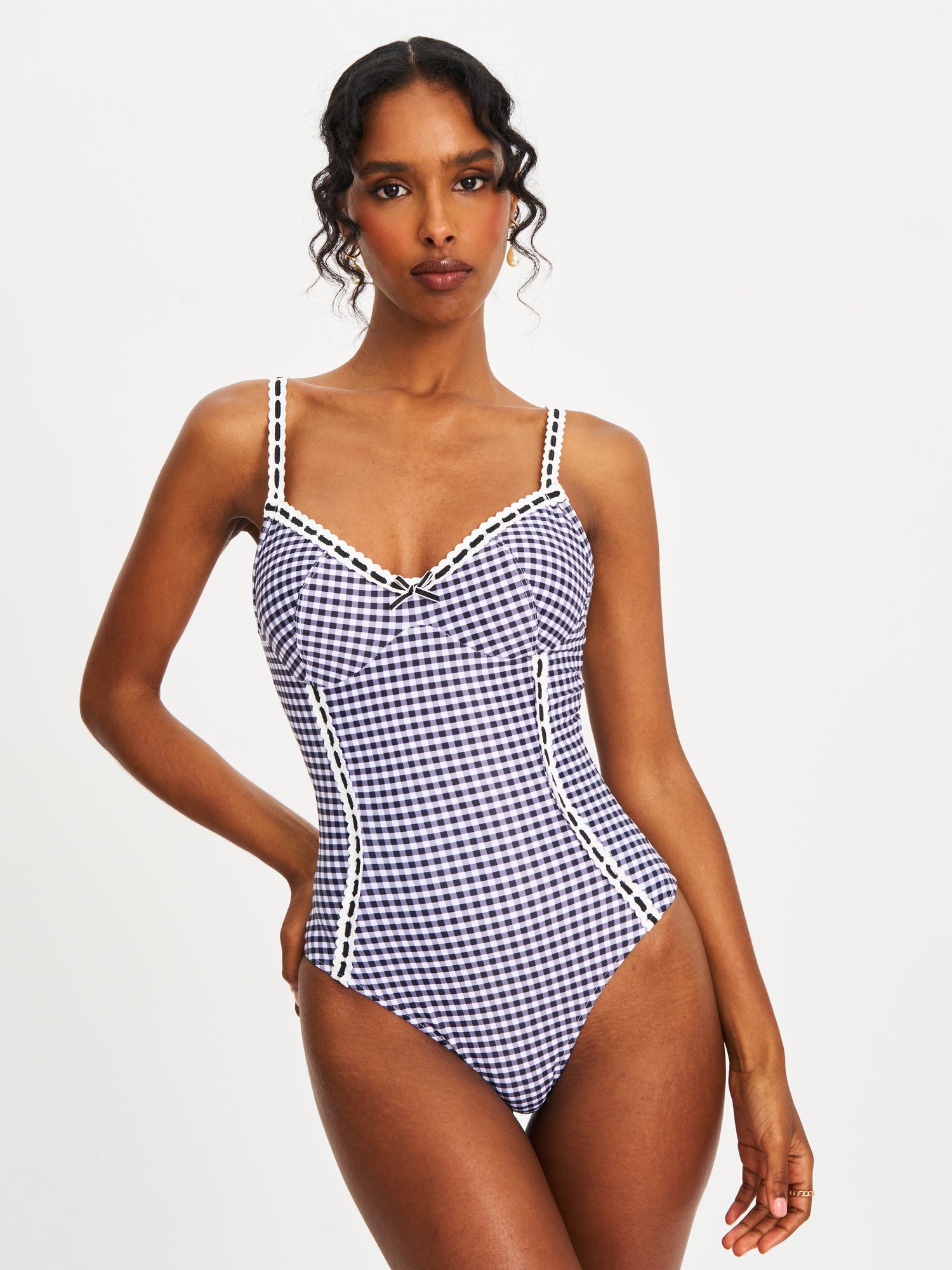 Gigi Lace Strap Backless Swimsuit | Black Gingham