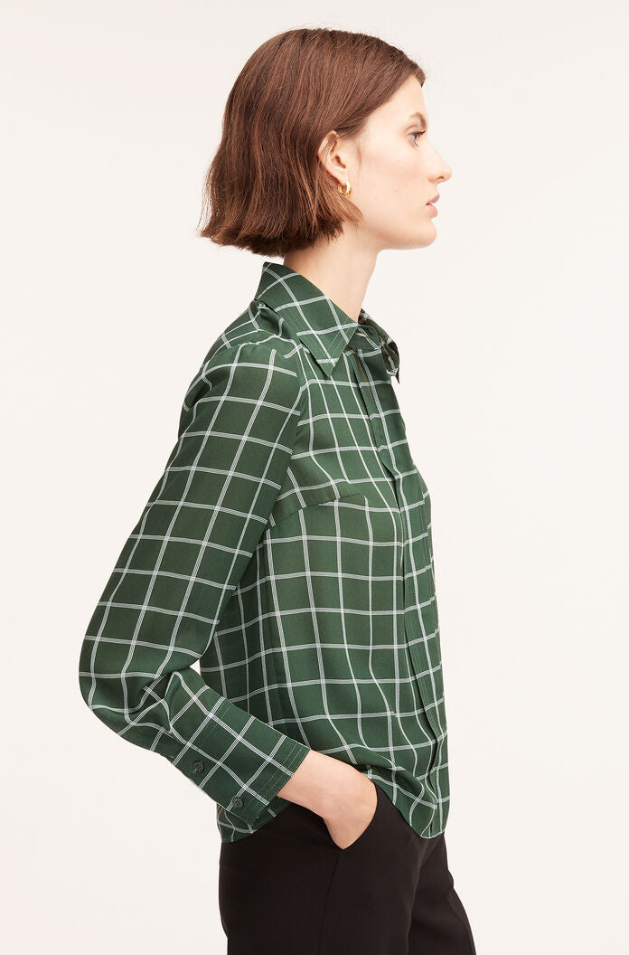 Windowpane Silk Pleated Blouse | Windowpane Jasper Green Combo