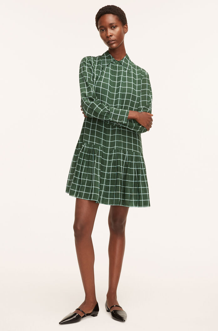 Windowpane Silk Pleated Shirt Dress | Windowpane Jasper Green Combo