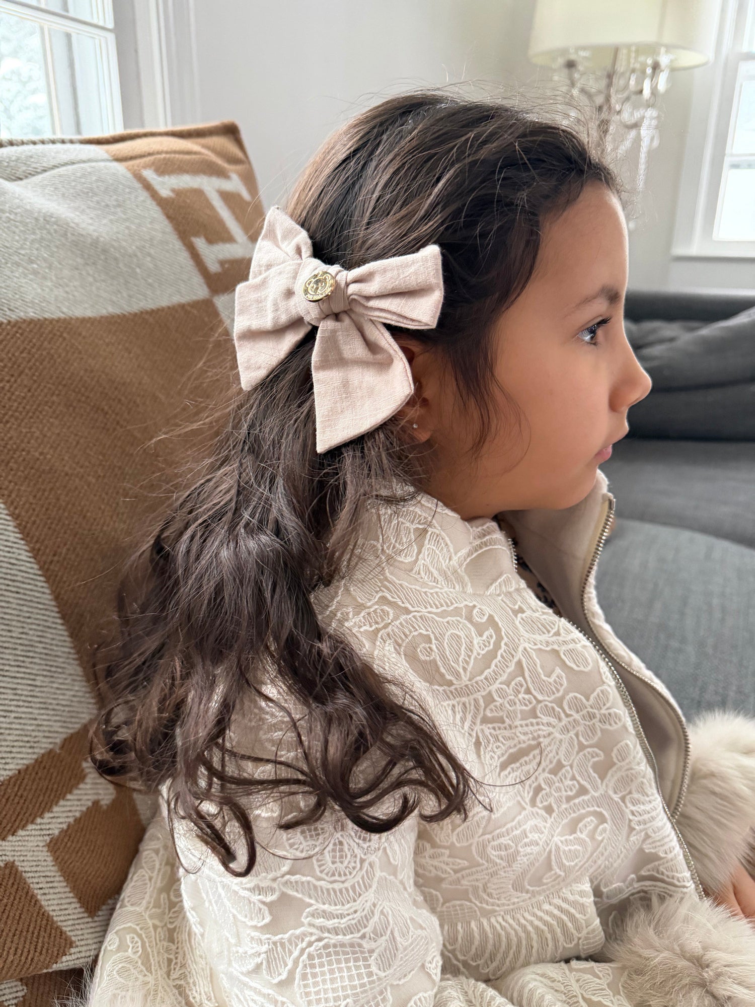 Girl | Emma Linen Hair Bow Bow | White x Beige