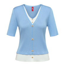 Silk and Acetate V-Neck Color-Blocked Design Dress | Blue