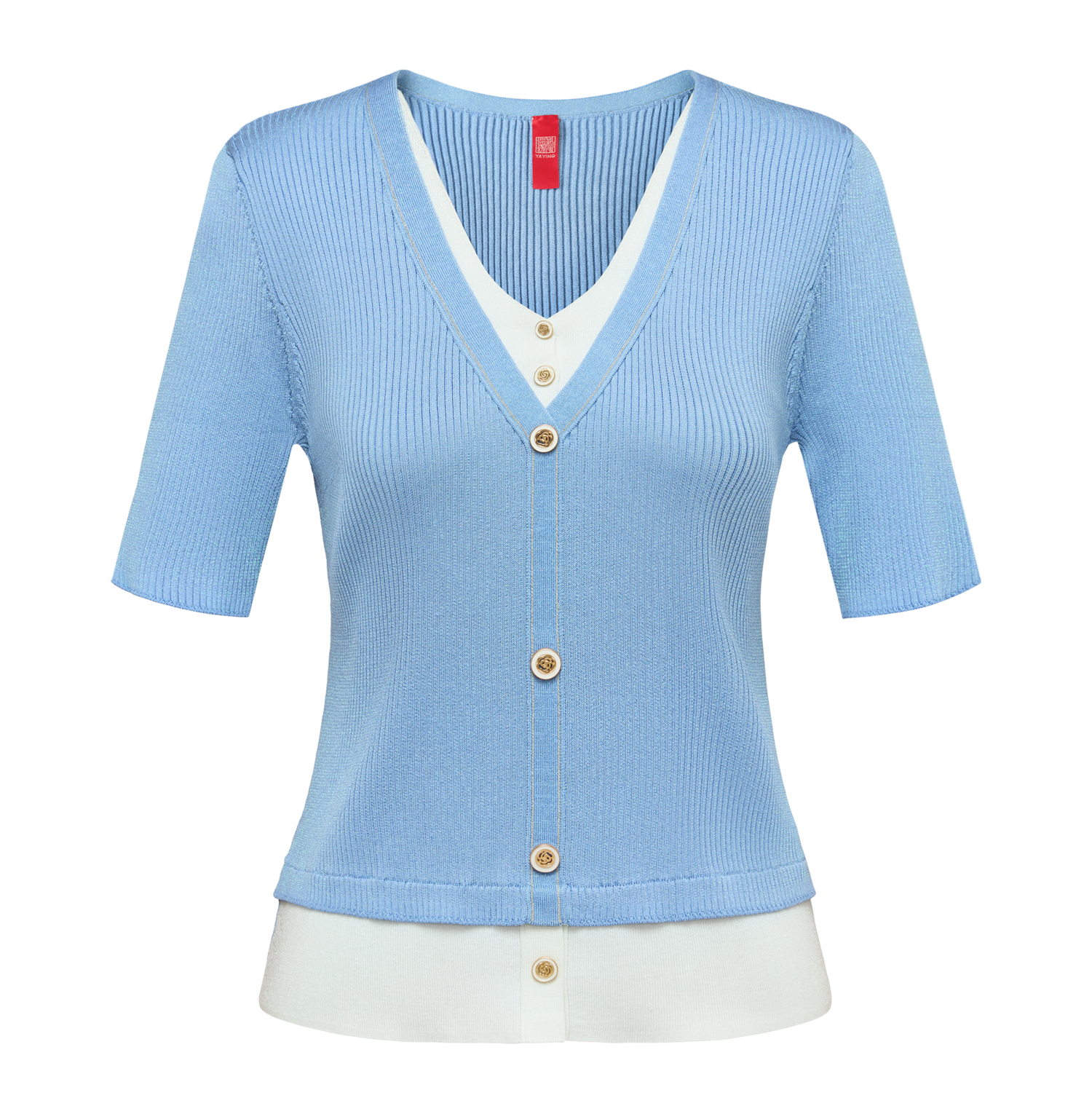 Silk and Acetate V-Neck Color-Blocked Design Dress | Blue