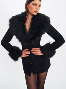 Hailee Single Breasted Wool Blend Mini Coat with Removable Fur Lapel | Black