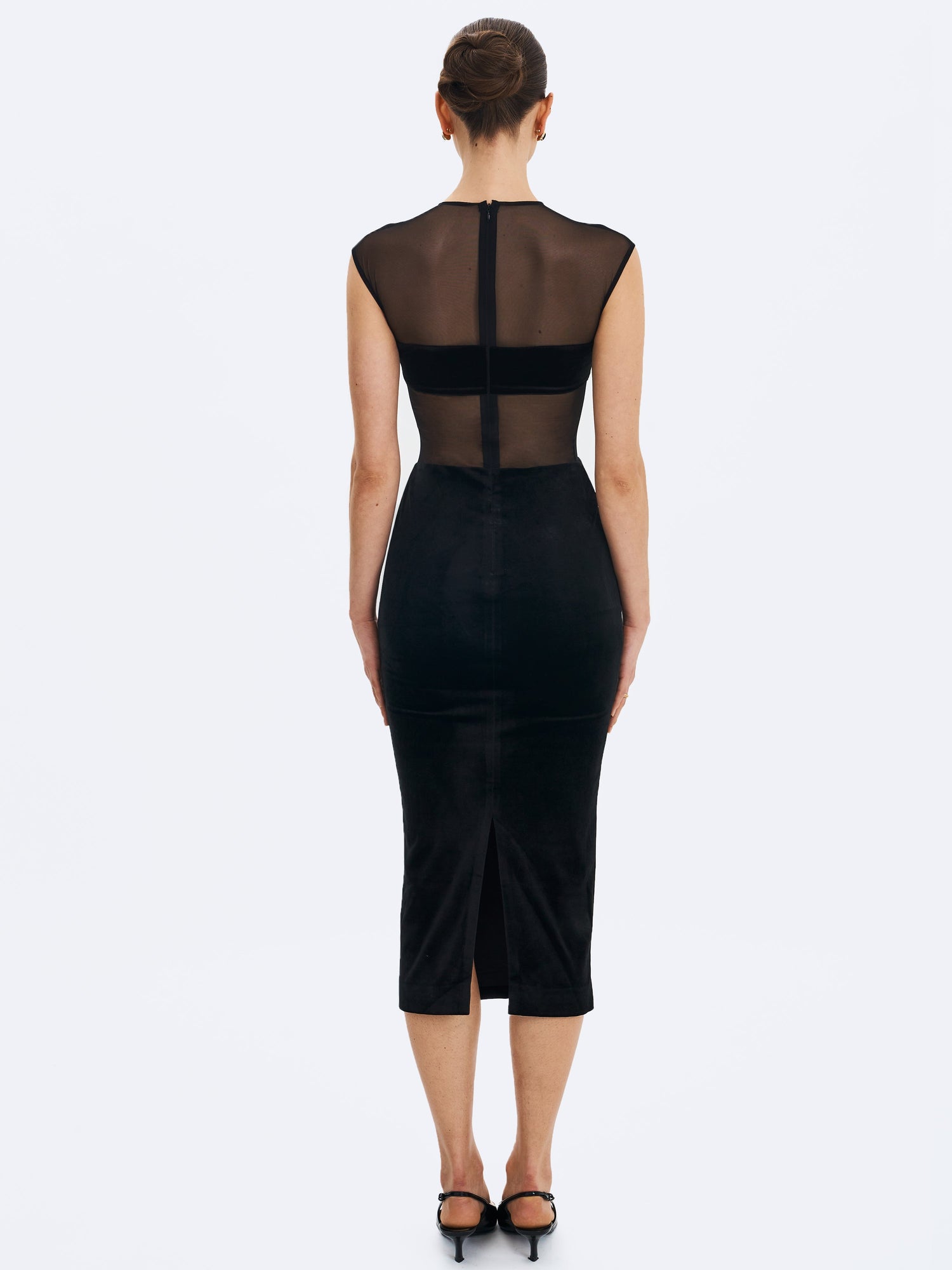 Quielle Mesh and Velvet Midi Bodycon Dress | Black