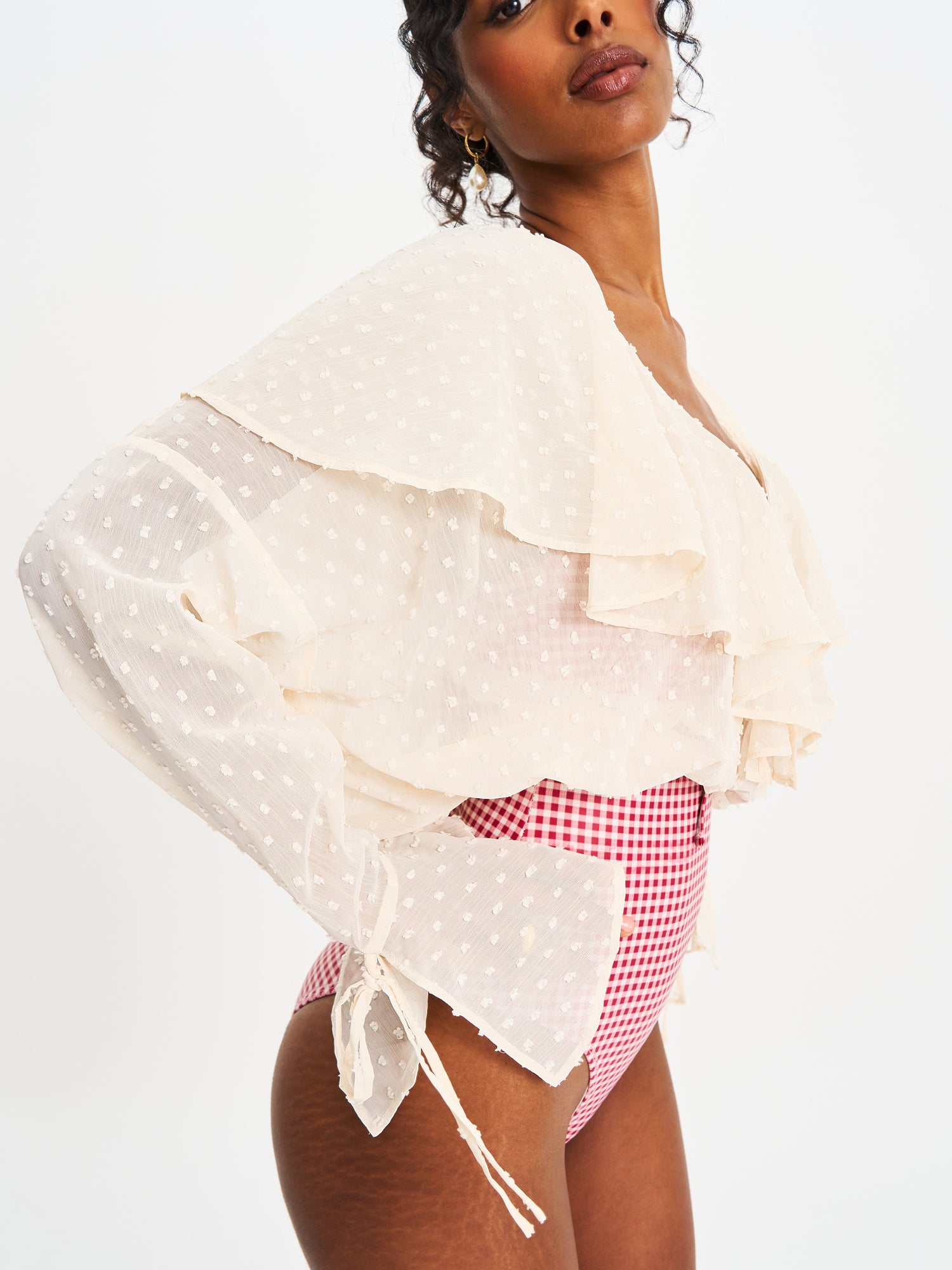 Magali Dotted Mesh Ruffle V Collar Top | Beige
