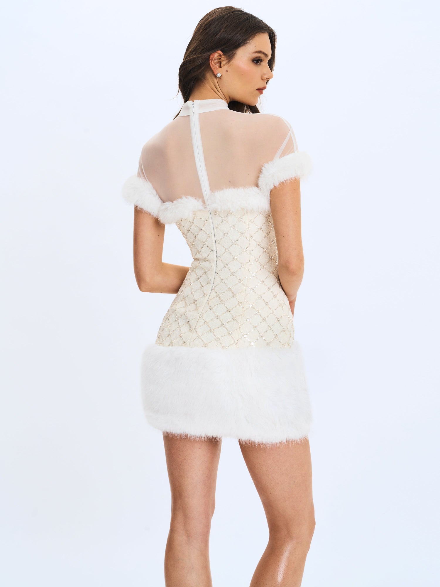 Taylor Fur Trimmed Beaded Boucle Mini Dress | Ivory