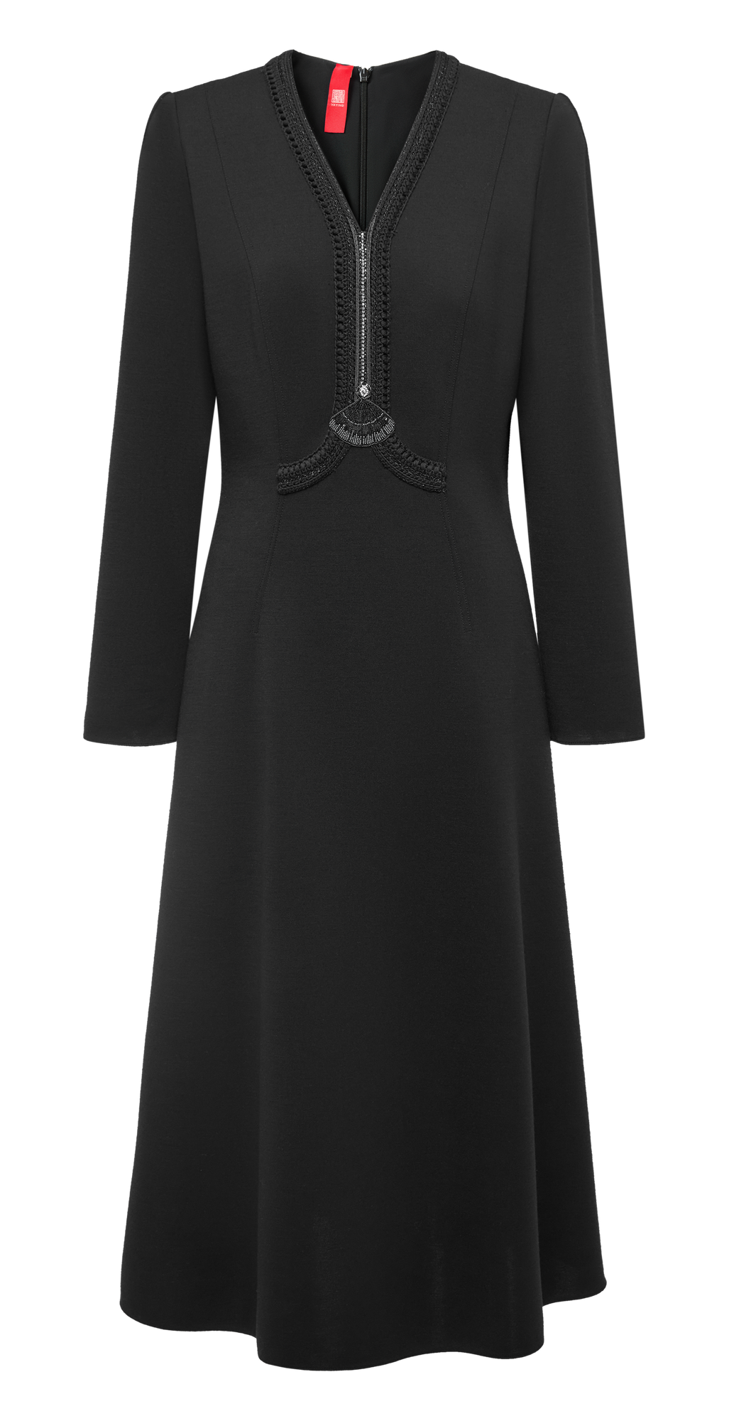 V-Neck Waist-Cinching A-Line Mid-Length Dress | Black