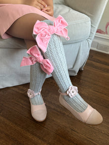 Grey Knee High Socks with Pink Velvet Bow | Grey