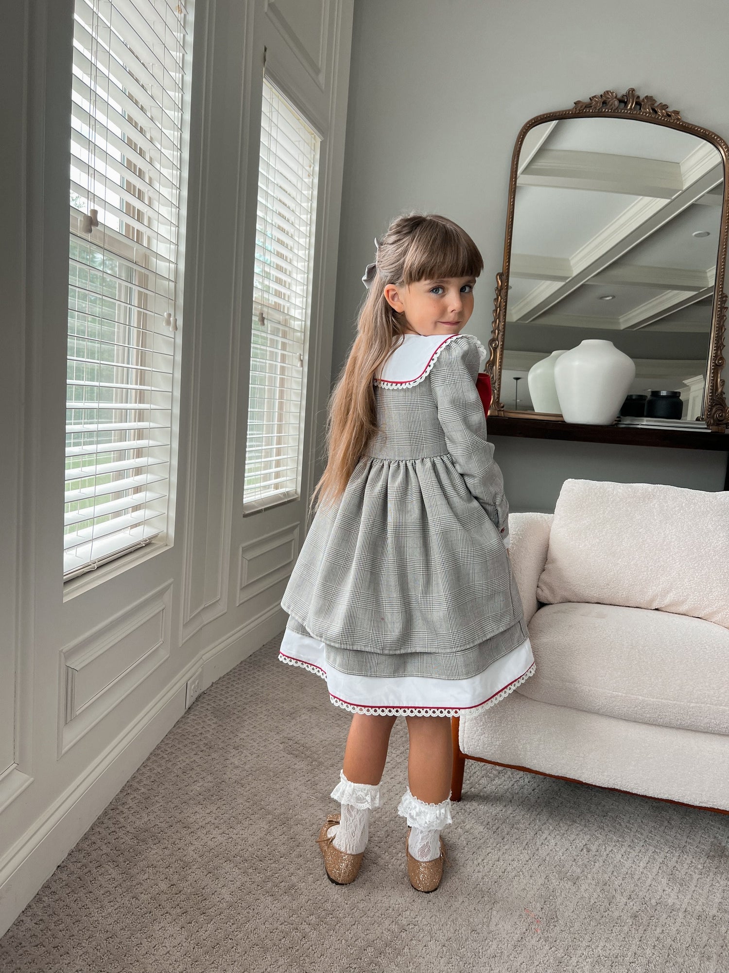 Girl | Georgina Tartan Print Dress with Bow | White x Black x Red