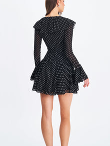 Omari Chiffon Polka Dot Ruffled Neckline Mini Dress | Black